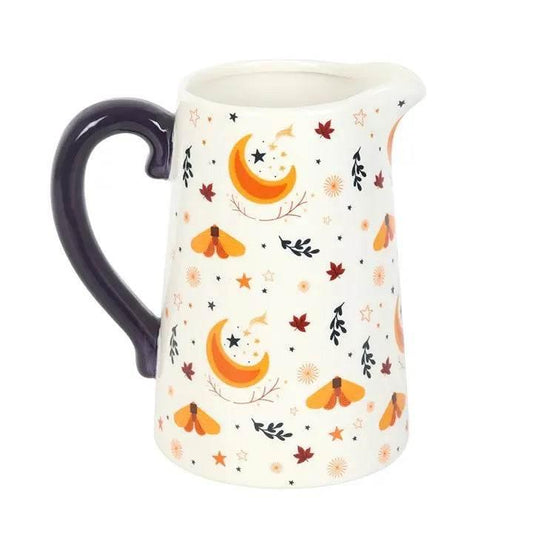 Autumn Magic Harvest Moon Print Ceramic Flower Jug featuring moon and leaf motifs, perfect for seasonal decor.