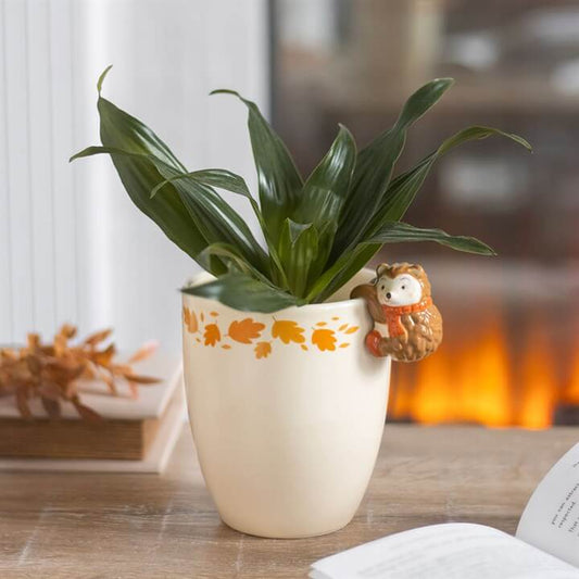 Autumn Plant Pot with Hedgehog featuring green plant inside, perfect for home decor and indoor gardening.