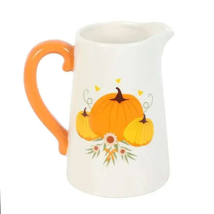 Autumn Pumpkin Ceramic Flower Jug with orange handle and pumpkin design for fall home décor.
