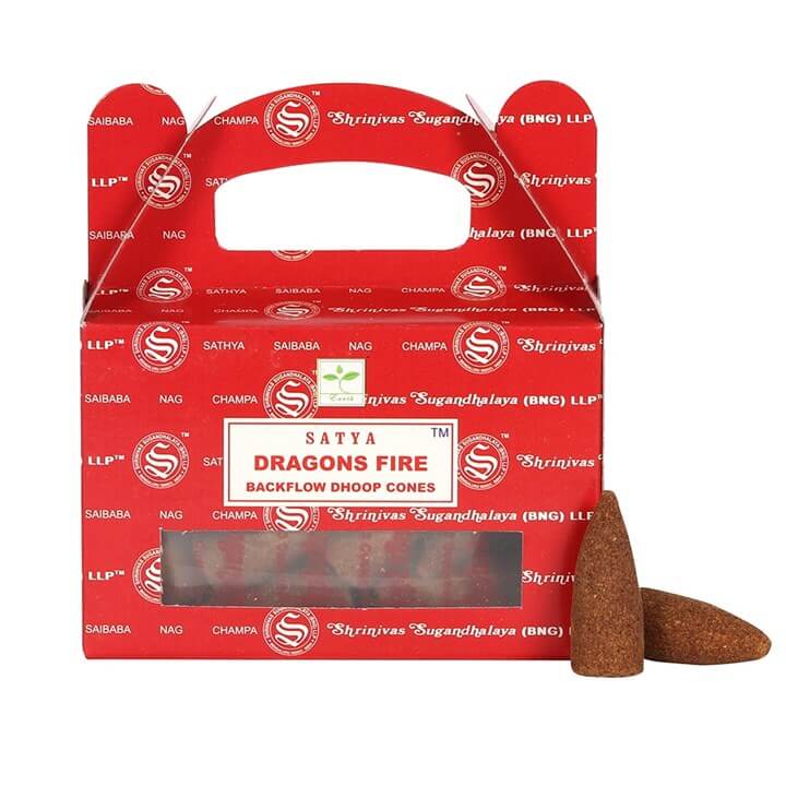 Red box of Satya Dragons Fire backflow dhoop cones with two cones on a white background