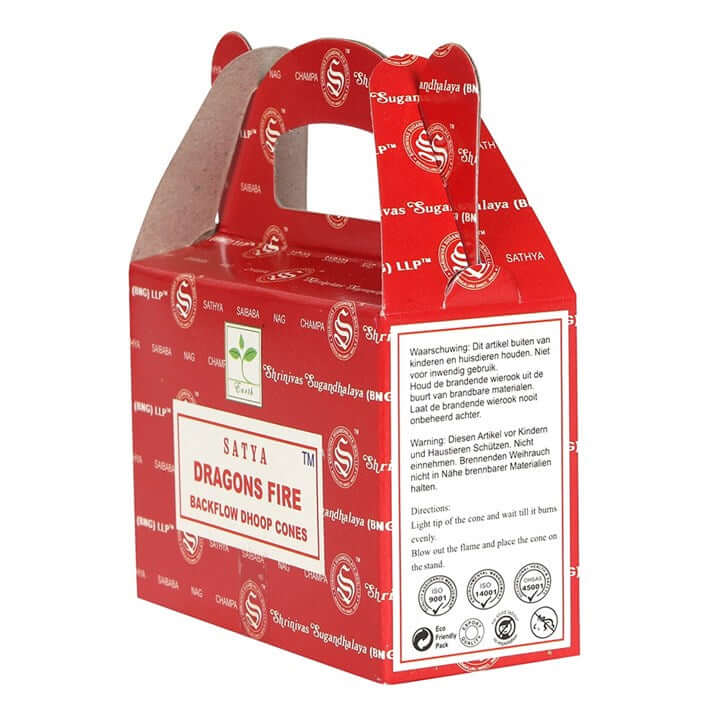 Red packaging box for Satya Dragons Fire Backflow Incense Cones on a white background