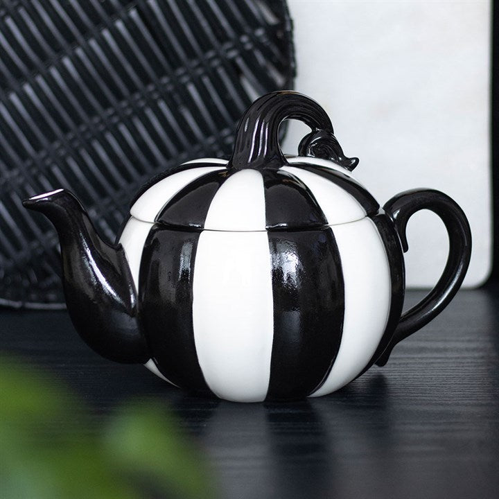 Black and White Striped Pumpkin Teapot-Sociodigi