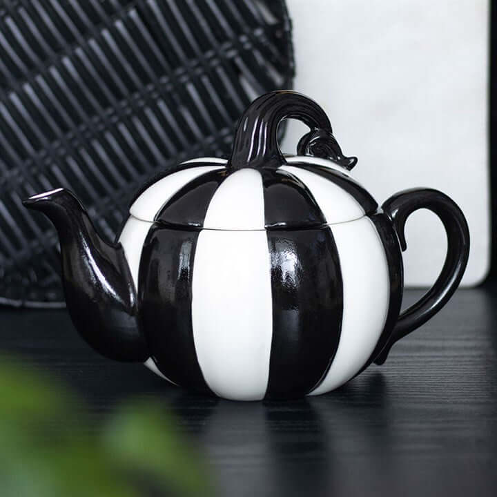 Black and White Striped Pumpkin Teapot-Sociodigi