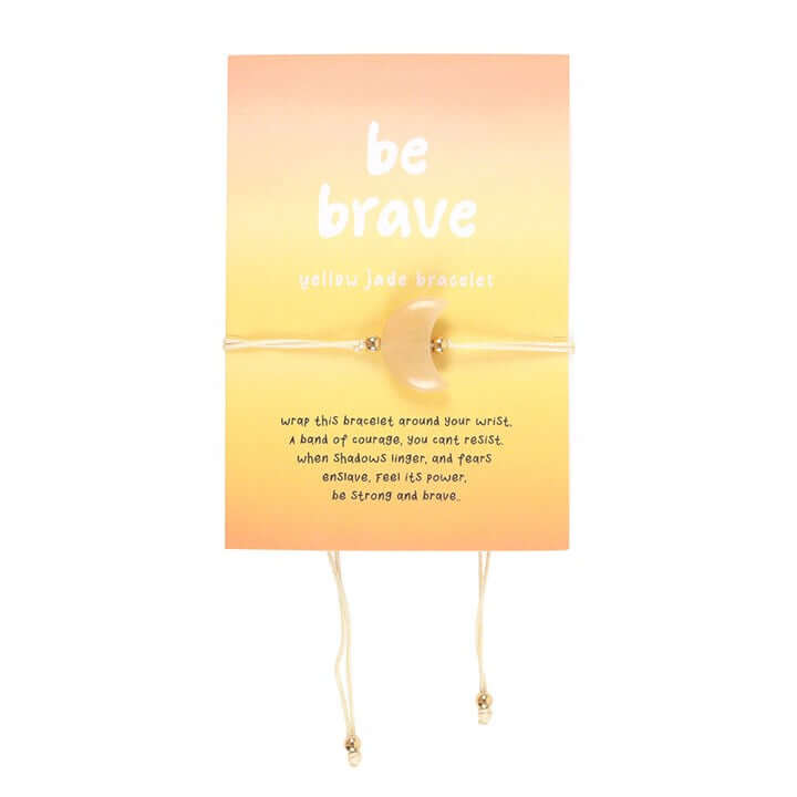 Be Brave Yellow Jade Crystal Moon Bracelet displayed with packaging and inspirational message.