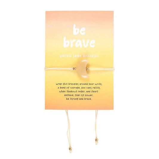 Be Brave Yellow Jade Crystal Moon Bracelet displayed with packaging and inspirational message.