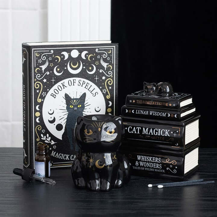 Black Cat Book Stack Oil Burner with Cat