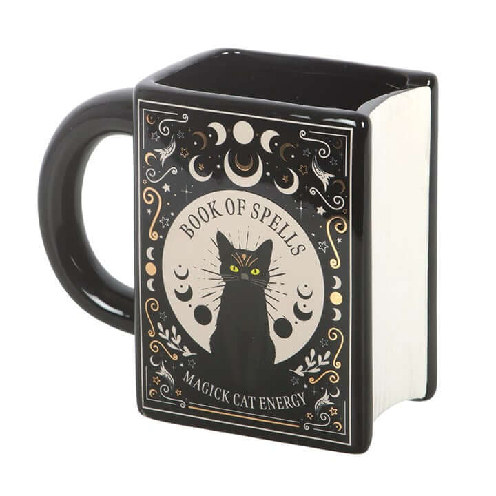 Black Cat Magick Book of Spells Book Shaped Mug designed uniquely for reading sessions.