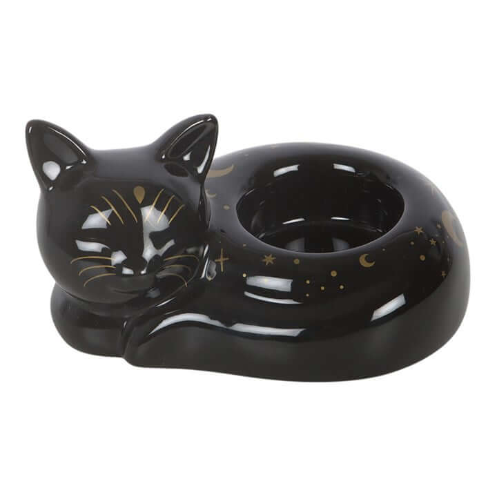 Black Cat Magick Curled Cat Tealight Holder in ceramic, featuring a curled cat design and gold details.