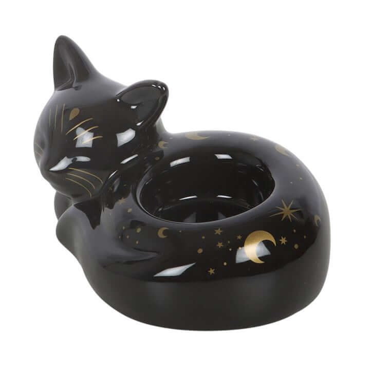 Black Cat Magick Curled Cat Tealight Holder designed for a soft glow in your space, featuring celestial gold accents.