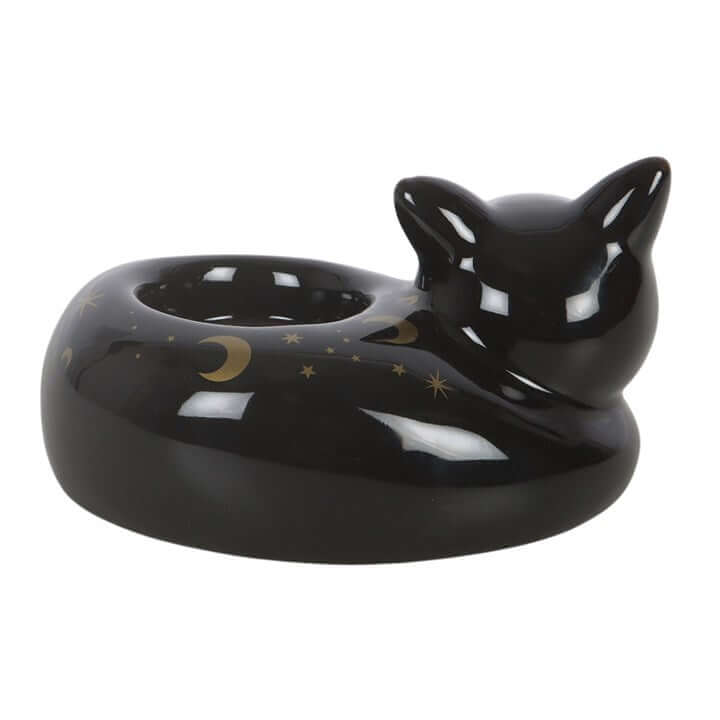Black Cat Magick Curled Cat Tealight Holder showcasing a curled cat design, perfect for adding a mystical touch to any space.