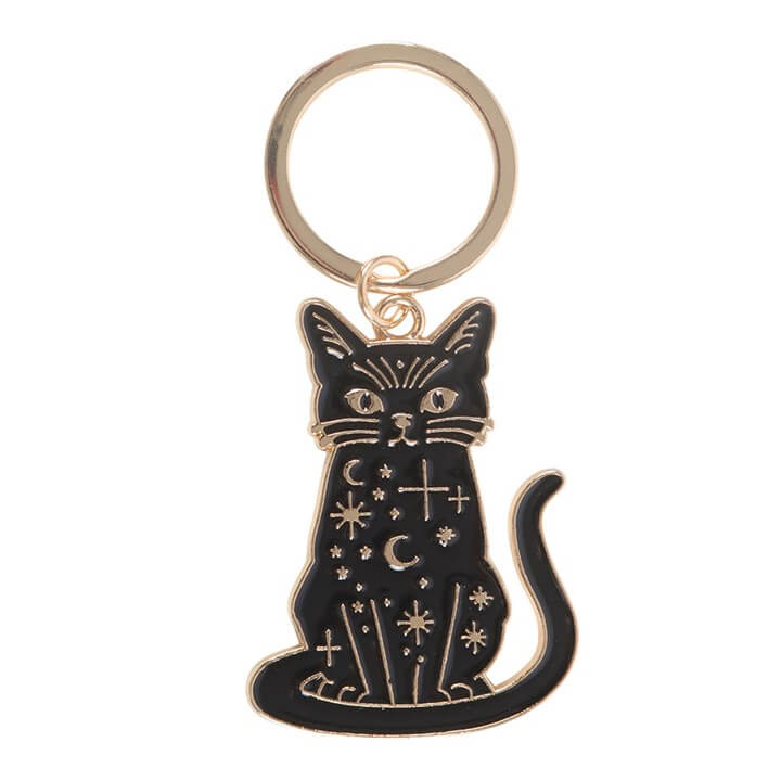 Black Cat Keyring featuring a mystical feline design with stars and moons for guidance and protection.
