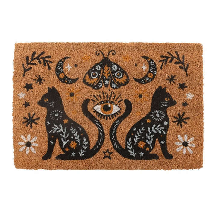 Welcome guests with a touch of mystical charm using the Natural Frightful Folk Cat Doormat. Featuring a bold folk-inspired design, this eye-catching mat showcases two black cats, celestial moons, and a central all-seeing eye—perfect for adding a hint of s