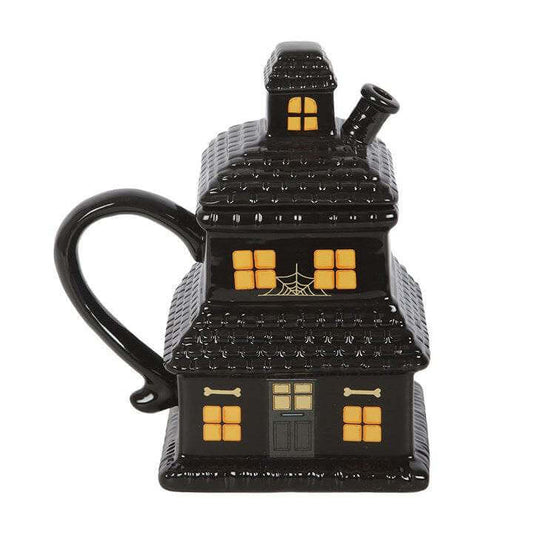 Black Haunted House Mug, spooky ceramic design with intricate details, perfect for Halloween coffee lovers.