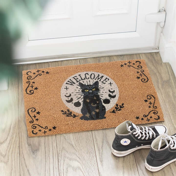 Black Magick Cat Energy Doormat with a black cat design and 'WELCOME' text, perfect for a gothic-inspired home.