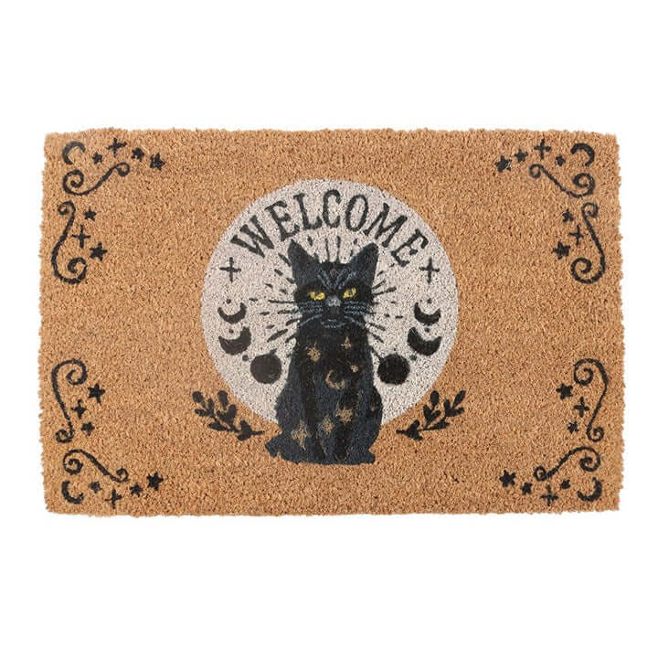 Black Magick Cat Energy Doormat featuring a welcoming black cat design and mystical details.