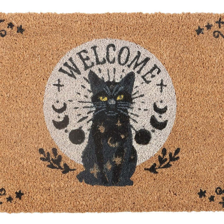 Black Magick Cat Energy Doormat with a black cat design and 'WELCOME' text, perfect for a mystical home.