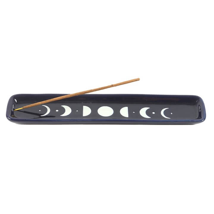 Blue Moon Phase Ceramic Incense Ash Catcher with moon phase design and incense stick.