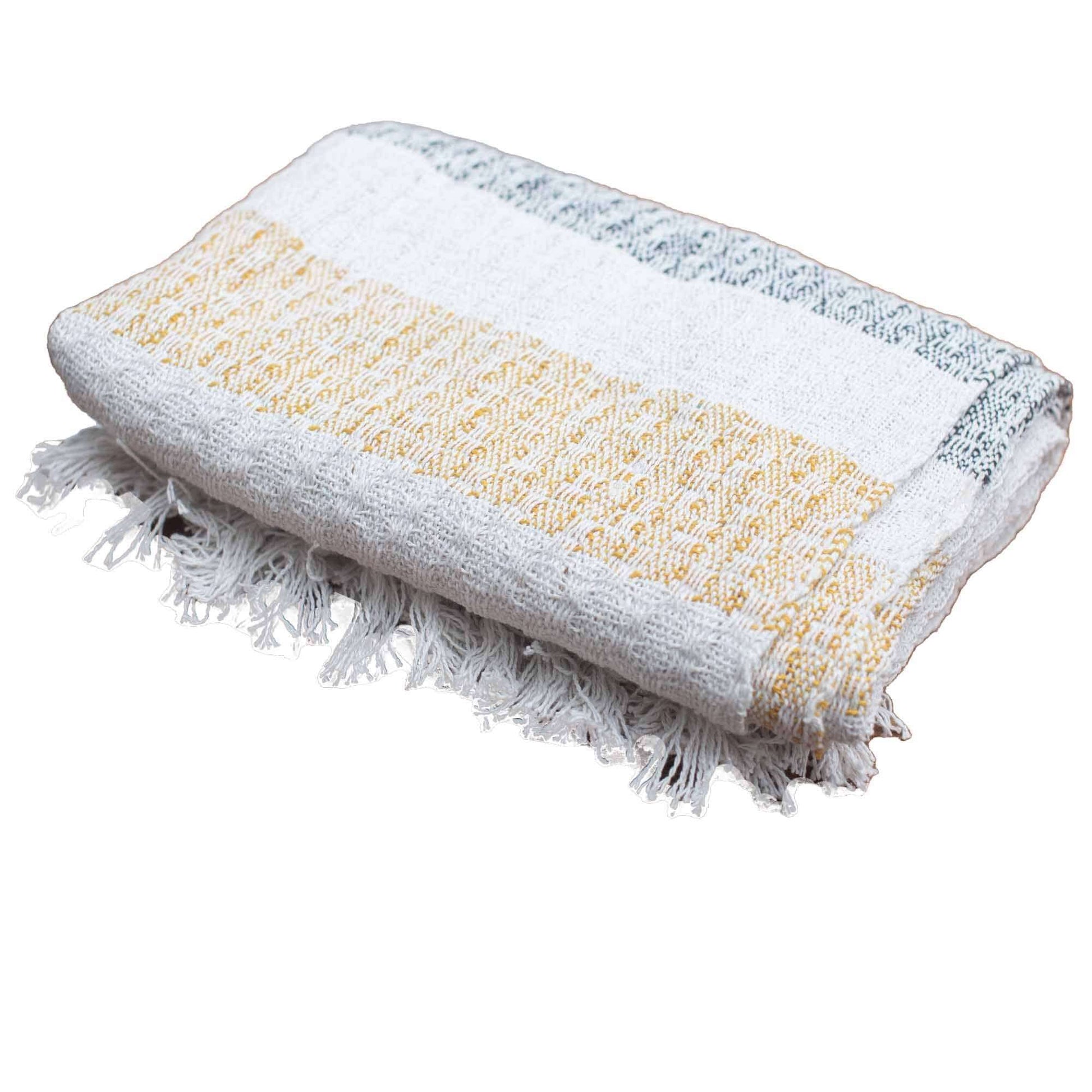 Boho Comfort Throws - Mellow Mattala cotton throw with cream, golden, and grey stripes, featuring tasselled edges.
