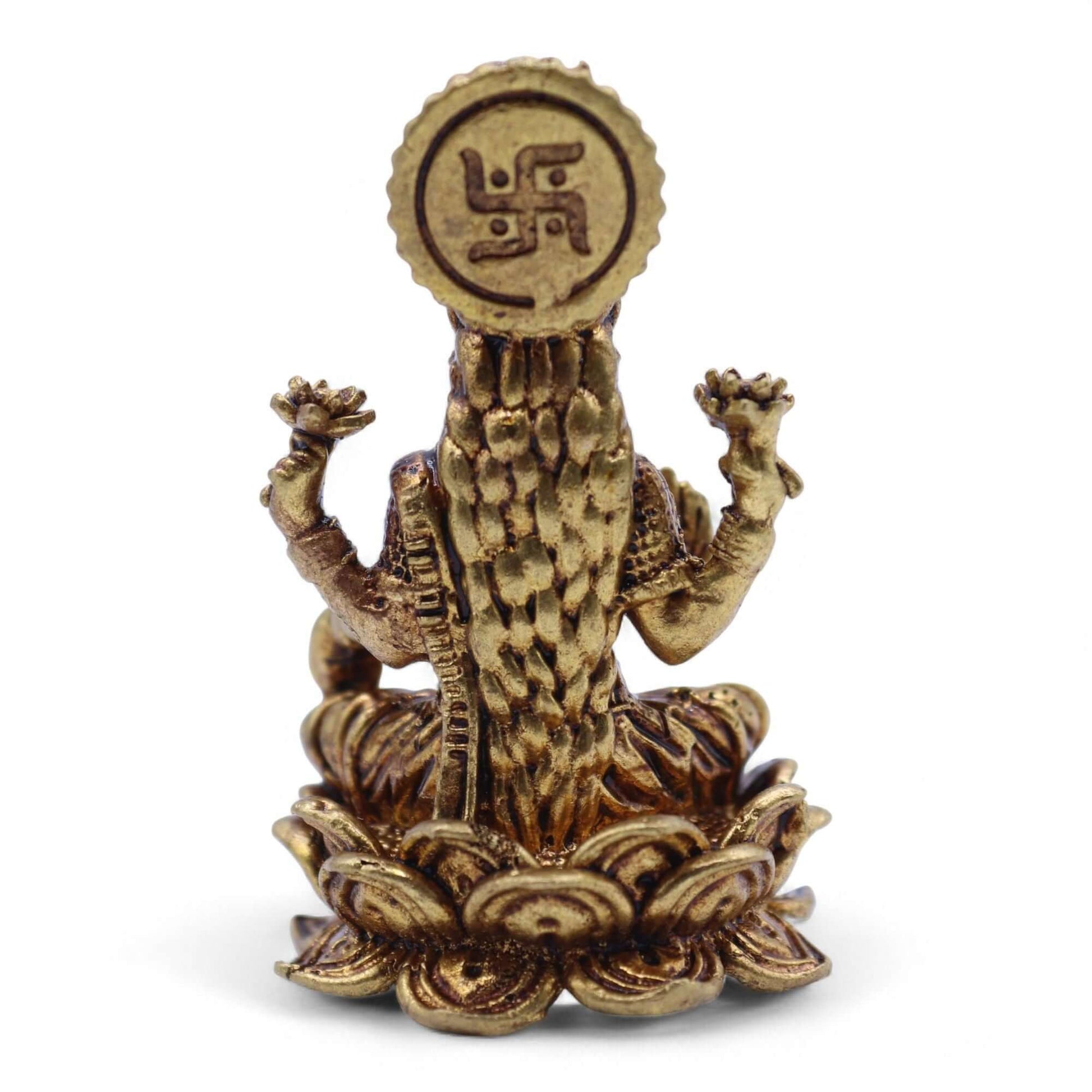 Brass Miniature Gods - Handcrafted statue of Goddess Laxmi on lotus, symbolizes prosperity, 49mm, 52g.