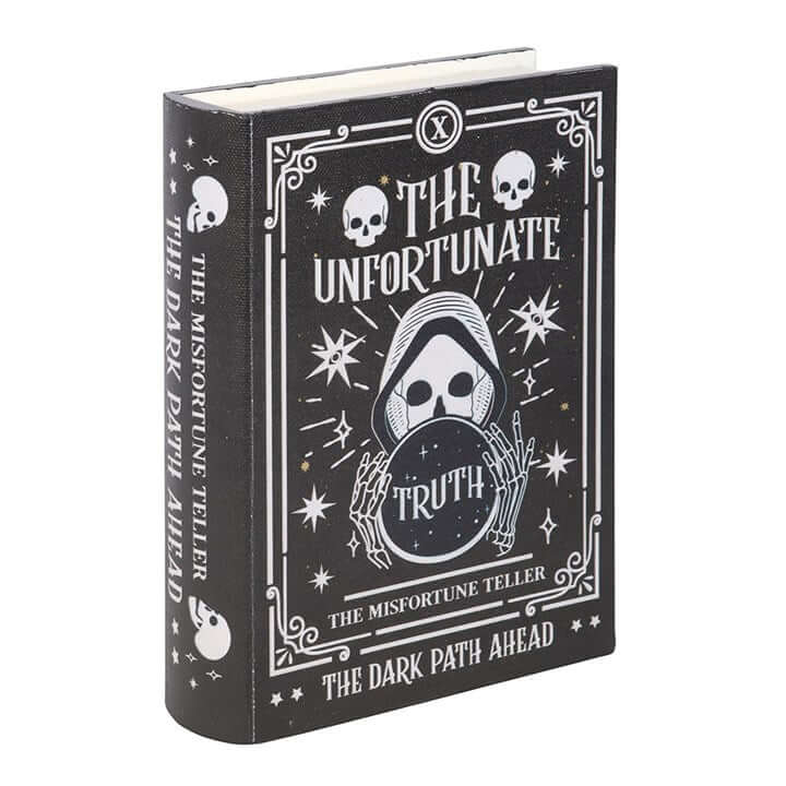 The Misfortune Teller Book Shaped Storage Box design featuring mystical graphics and fortunes.