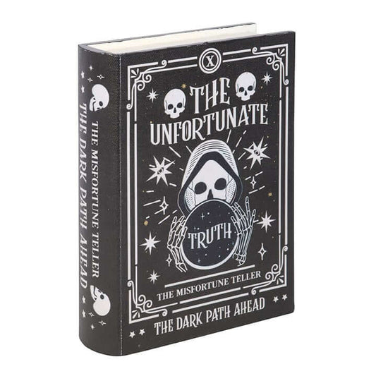 The Misfortune Teller Book Shaped Storage Box design featuring mystical graphics and fortunes.