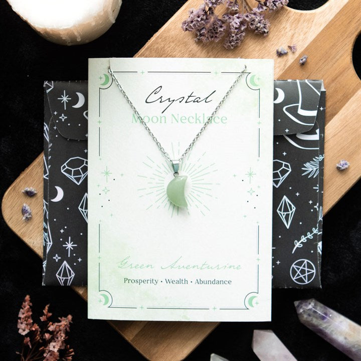 Green Aventurine Crystal Moon Necklace on Greeting Card N/A