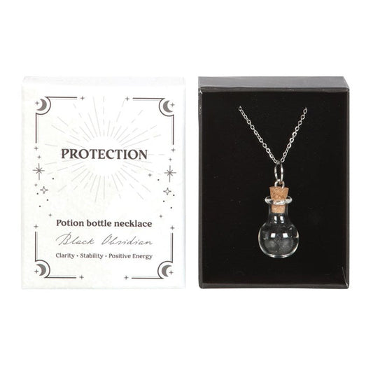 Protection Black Obsidian Crystal Chip Potion Bottle Necklace in Gift Box-Sociodigi