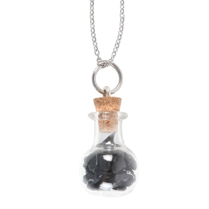 Protection Black Obsidian Crystal Chip Potion Bottle Necklace in Gift Box-Sociodigi