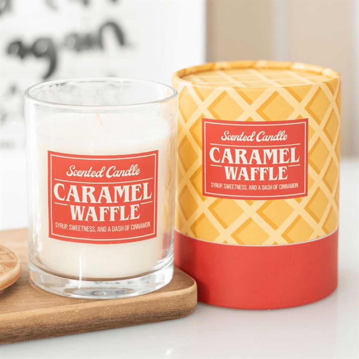 Caramel Waffle Scented Candles in a glass jar and decorative box, showcasing sweet caramel and waffle theme.