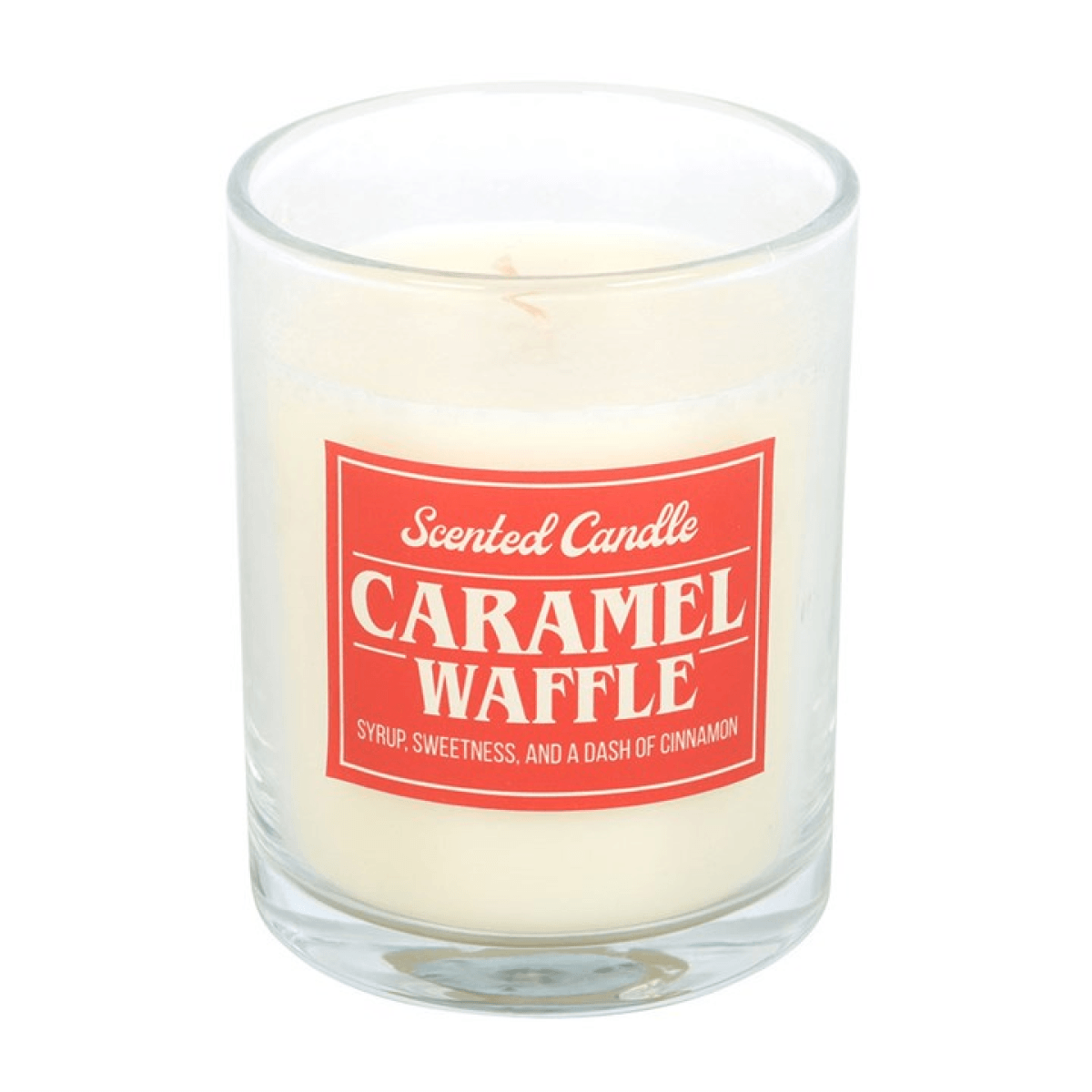 Caramel Waffle Scented Candle in a clear glass jar with a vibrant label, perfect for creating a cozy atmosphere.