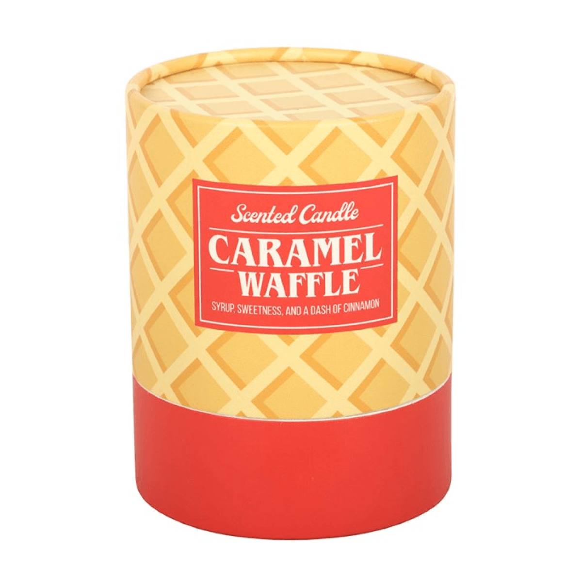 Caramel Waffle scented candles in a decorative container with a waffle design and red base.