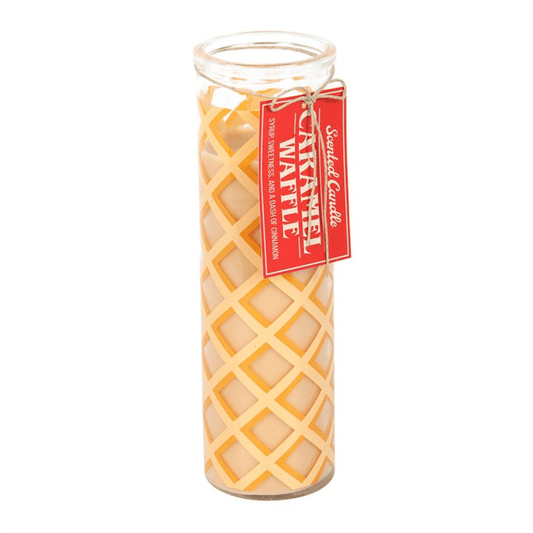 Caramel Waffle Scented Tube Candle in a decorative glass tube with a vibrant design. Perfect for adding scent to any room.