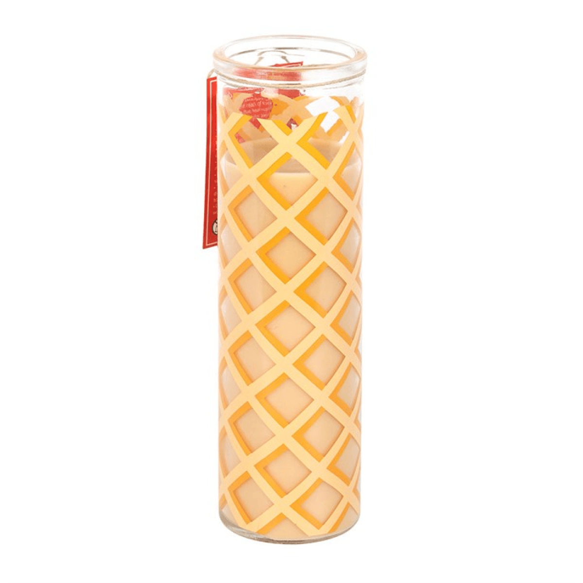 Caramel Waffle Scented Tube Candles in a decorative glass tube with a lattice design.