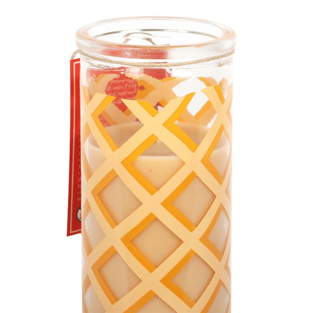 Caramel Waffle Scented Tube Candles in a decorative glass container with a yellow lattice design.