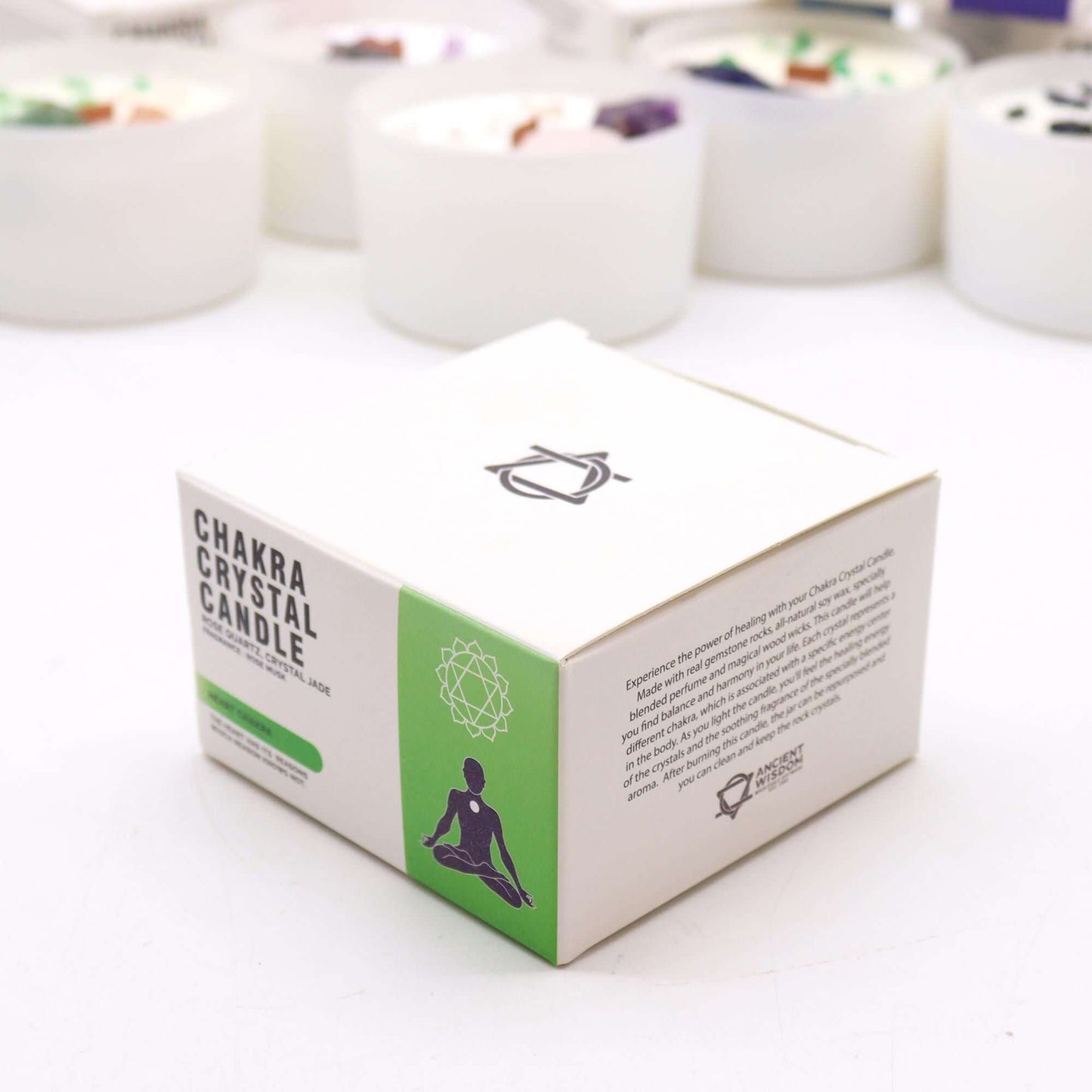 Chakra Crystal Candle - Heart Chakra packaging with logo and description, symbolizing love and harmony.