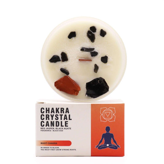 Chakra Crystal Candle - Root Chakra featuring Red Jasper and Black Agate for stability and security.