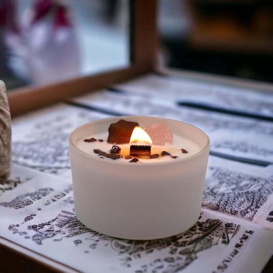 Chakra Crystal Candle - Sacred Chakra burning with crystal on top, symbolizing creativity and passion.