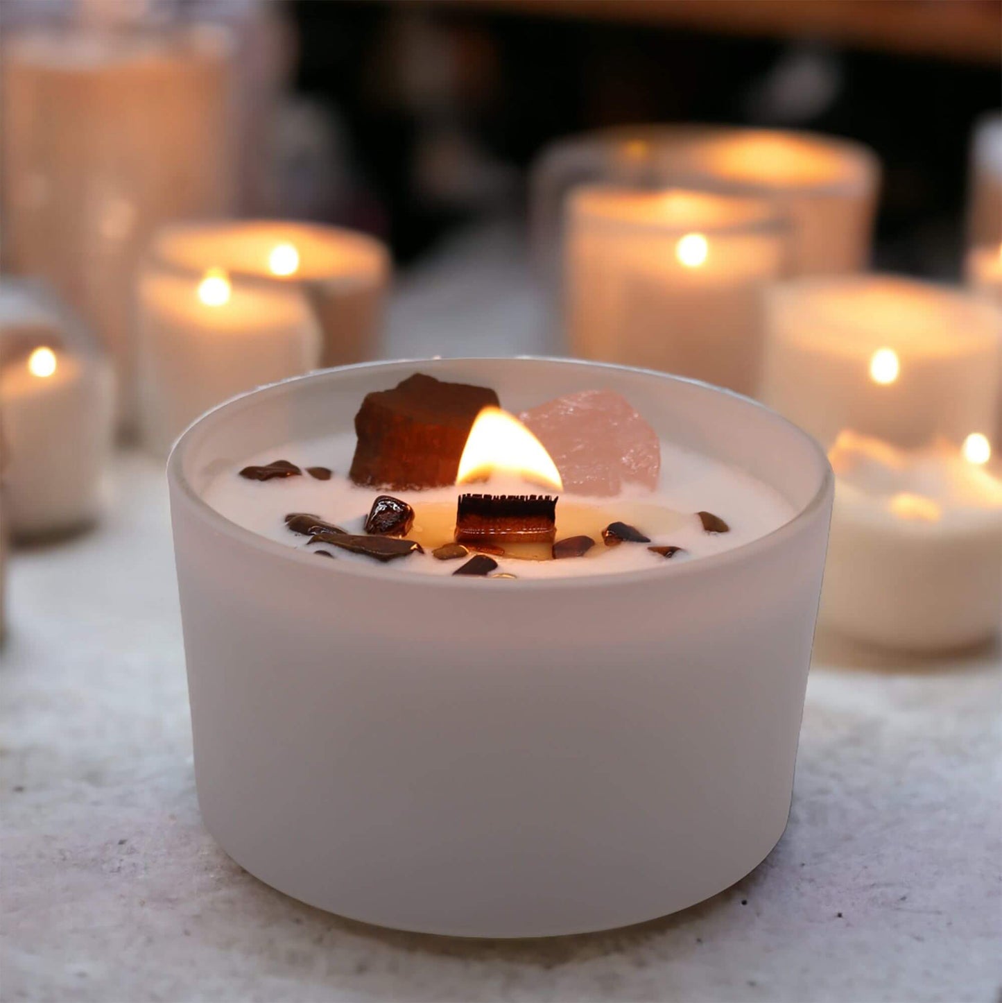 Chakra Crystal Candles - Sacred Chakra with soft glow, featuring crystals, igniting creativity and passion.