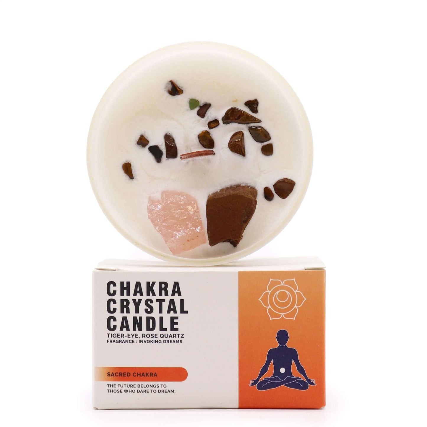 Sacred Chakra Chakra Crystal Candle featuring tiger-eye and rose quartz with Invoking Dreams fragrance.