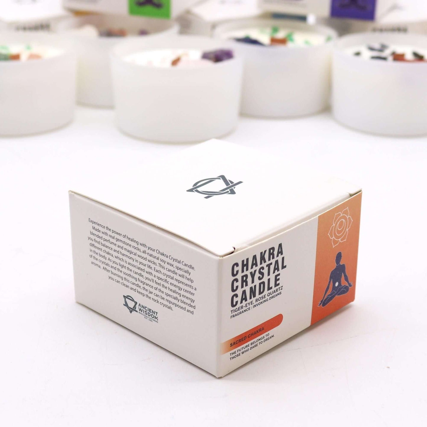 Chakra Crystal Candle packaging for the Sacred Chakra, promoting creativity and passion.
