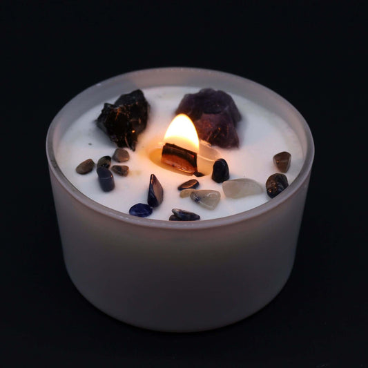 Chakra Crystal Candle with stones, igniting the Solar Plexus Chakra for personal power and confidence.