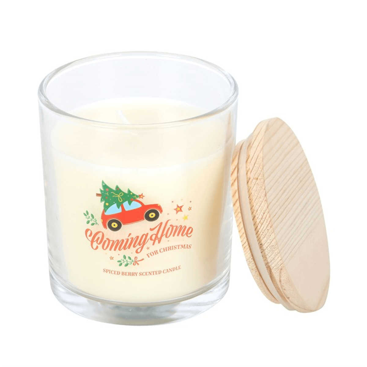 Coming Home for Christmas Spiced Berry Candles in a decorative glass holder with wooden lid.