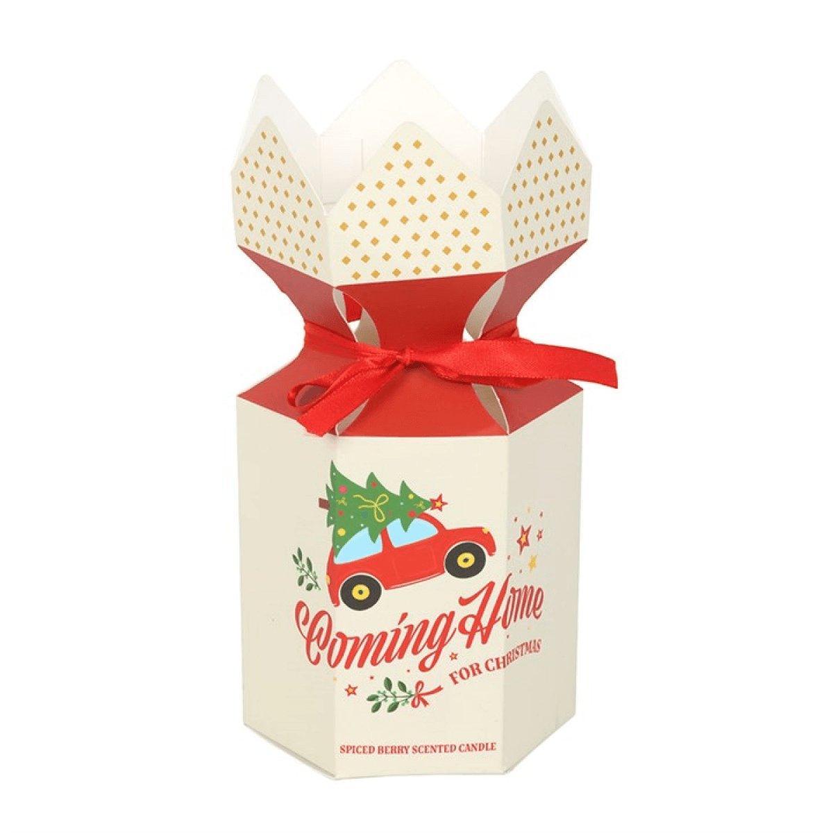 Coming Home for Christmas Spiced Berry Candles decorative packaging with festive design and red ribbon.