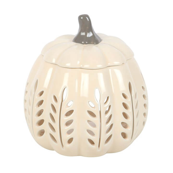 Cream Leaf Cut Out Pumpkin Oil Burner and Wax Warmer in soft cream with leaf designs for autumn charm.