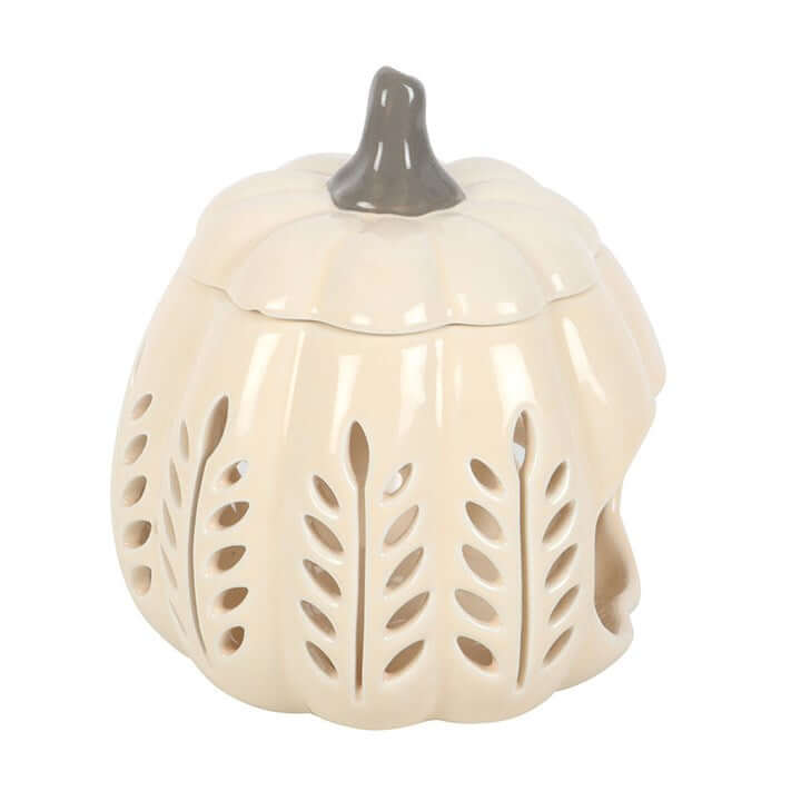 Cream Leaf Cut Out Pumpkin Oil Burner and Wax Warmer with elegant leaf designs for cozy autumn décor.