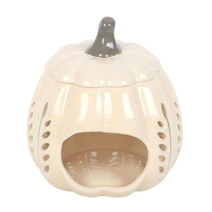 Cream Leaf Cut Out Pumpkin Oil Burner and Wax Warmer, elegant design for autumn decor.