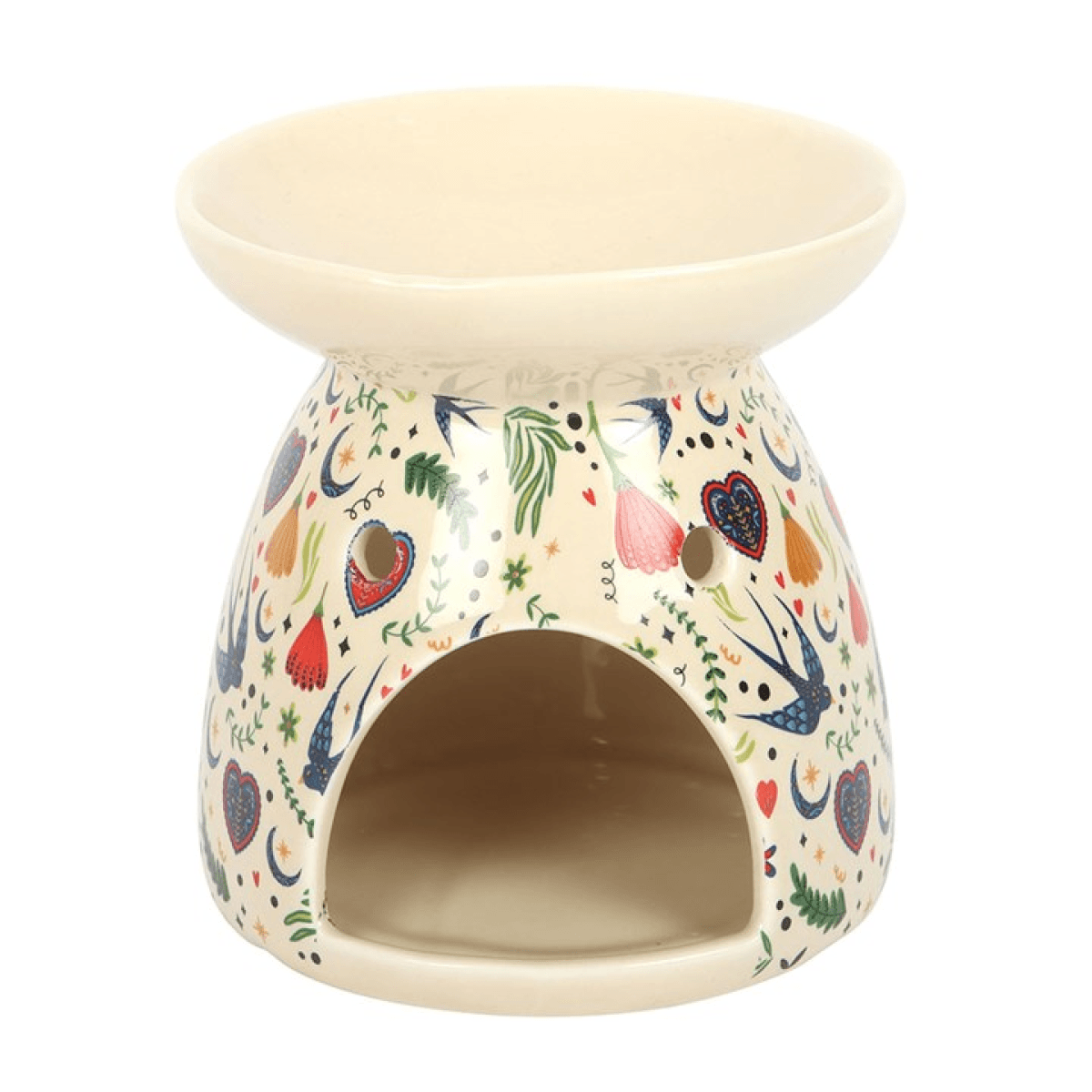 Cream Midnight Bloom Print Oil Burner featuring floral patterns and open design for a soothing fragrance experience.