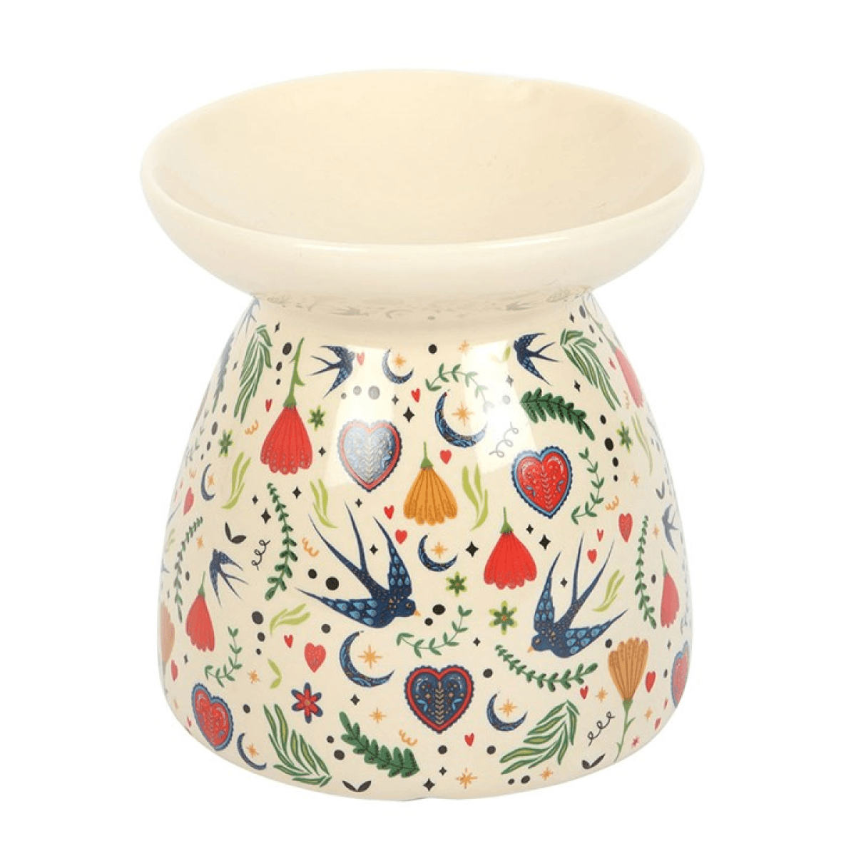 Cream Midnight Bloom Print Oil Burner showcasing colorful floral and bird prints, perfect for home fragrance decoration.