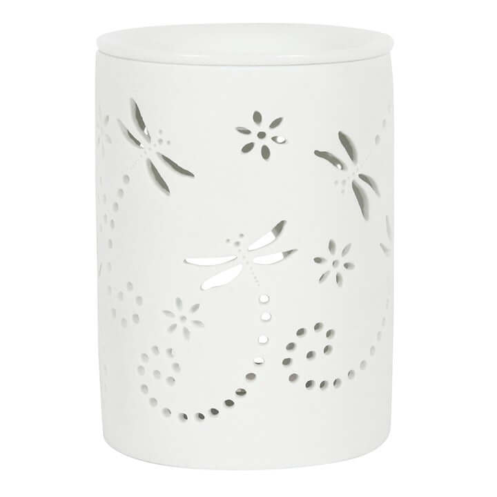 Cut Out Dragonfly Oil Burner in white ceramic with delicate dragonfly cut-outs for a warm, inviting glow.