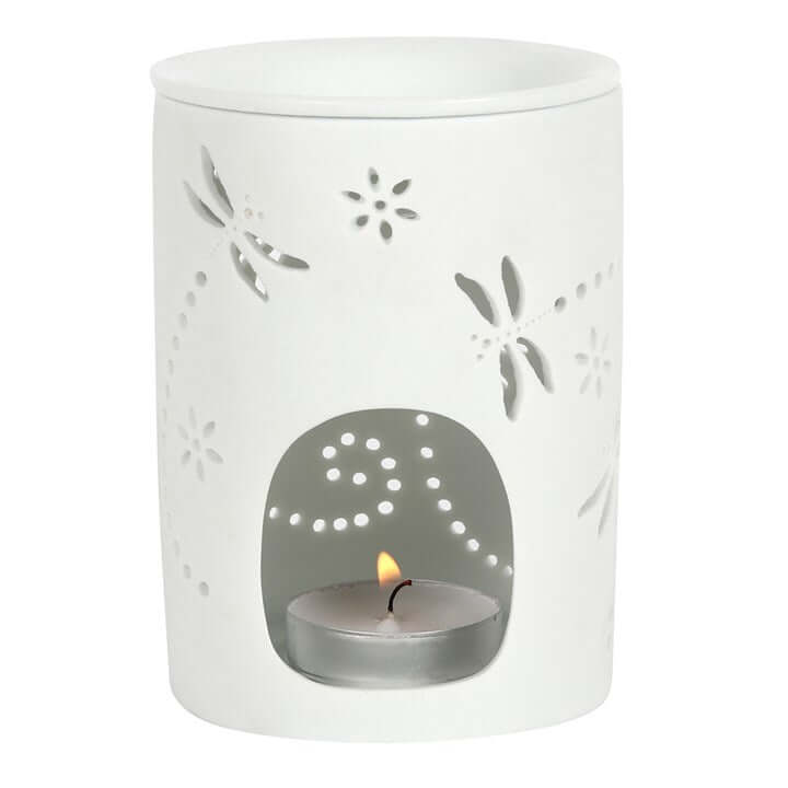 Cut Out Dragonfly Oil Burner with tealight candle, crafted from white ceramic with intricate dragonfly cut-outs.
